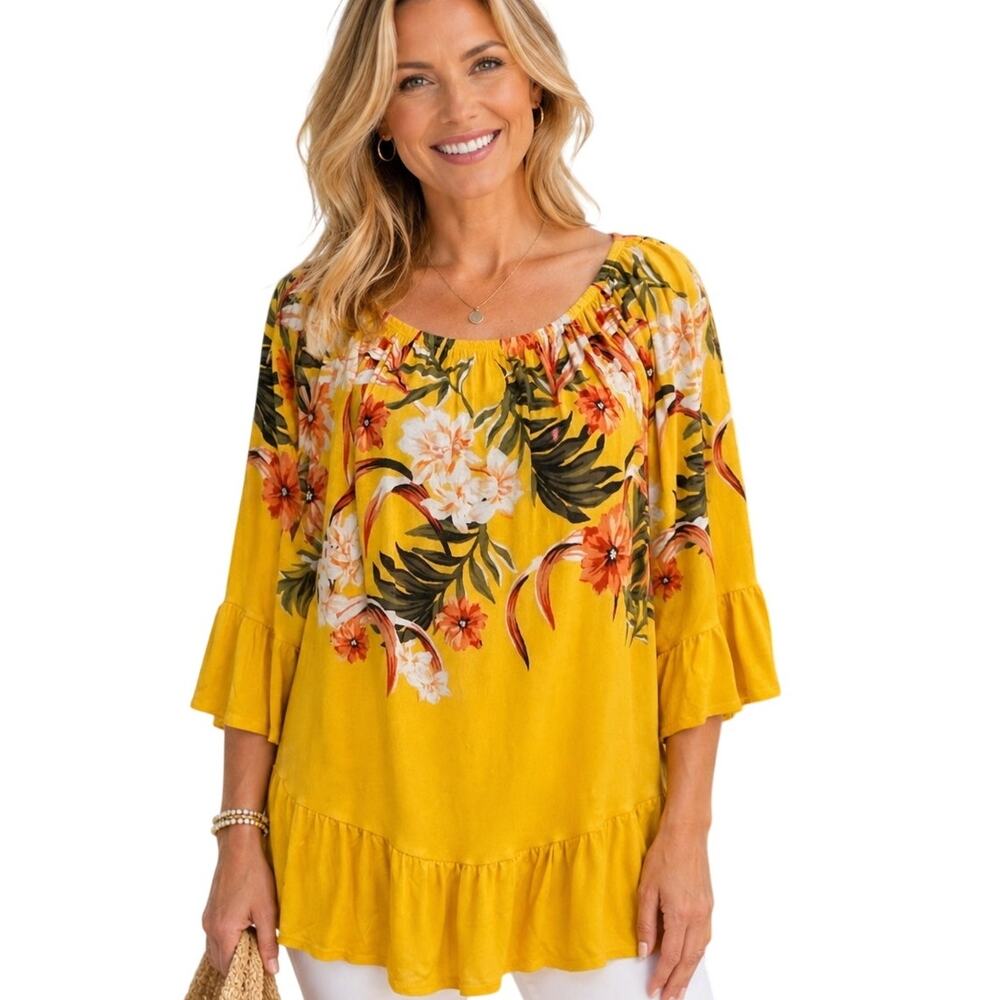 Style & Co Yellow Tropical Top Womens Medium Petite Floral Off Shoulder Knit